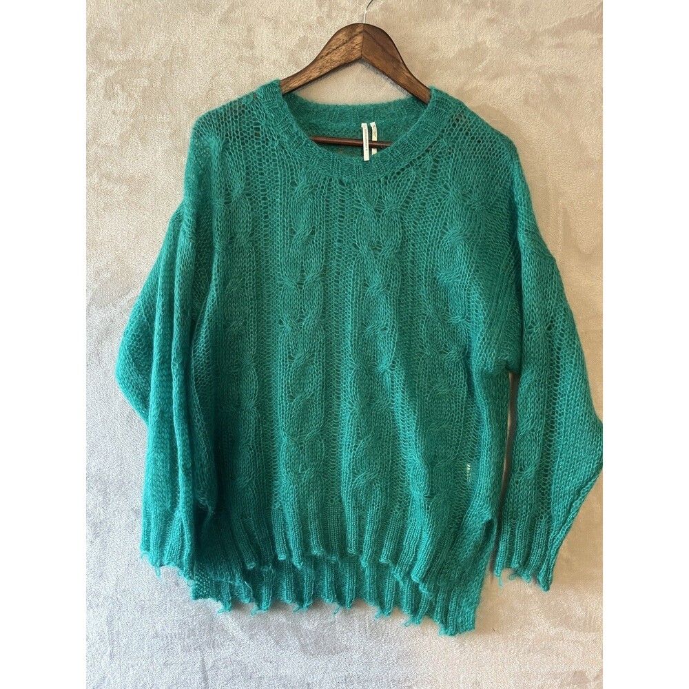Anthropologie Wool Sweater Women's M Green Aqua Nylon Open Knit Chewed Hem